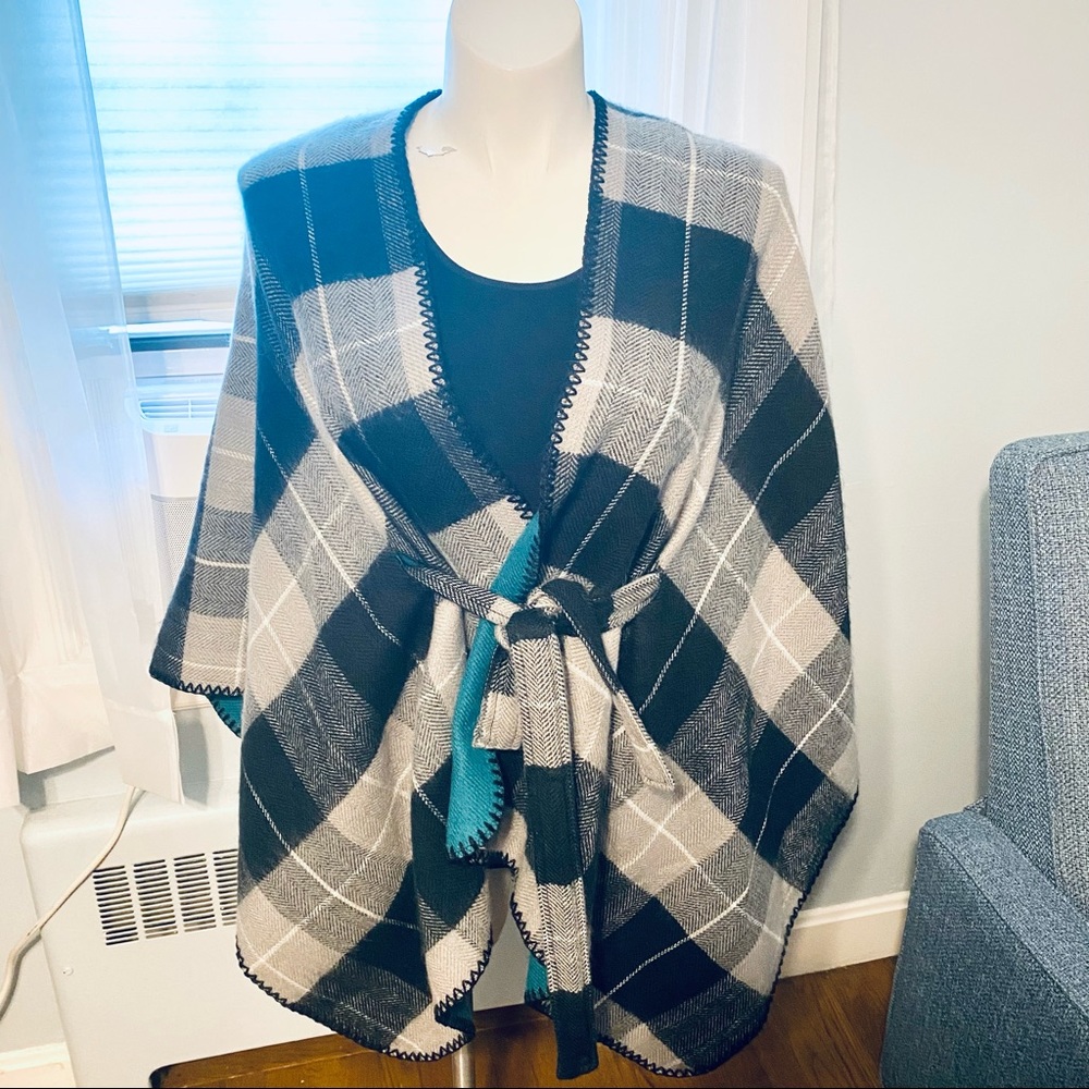 Reversible plaid belted cape/wrap